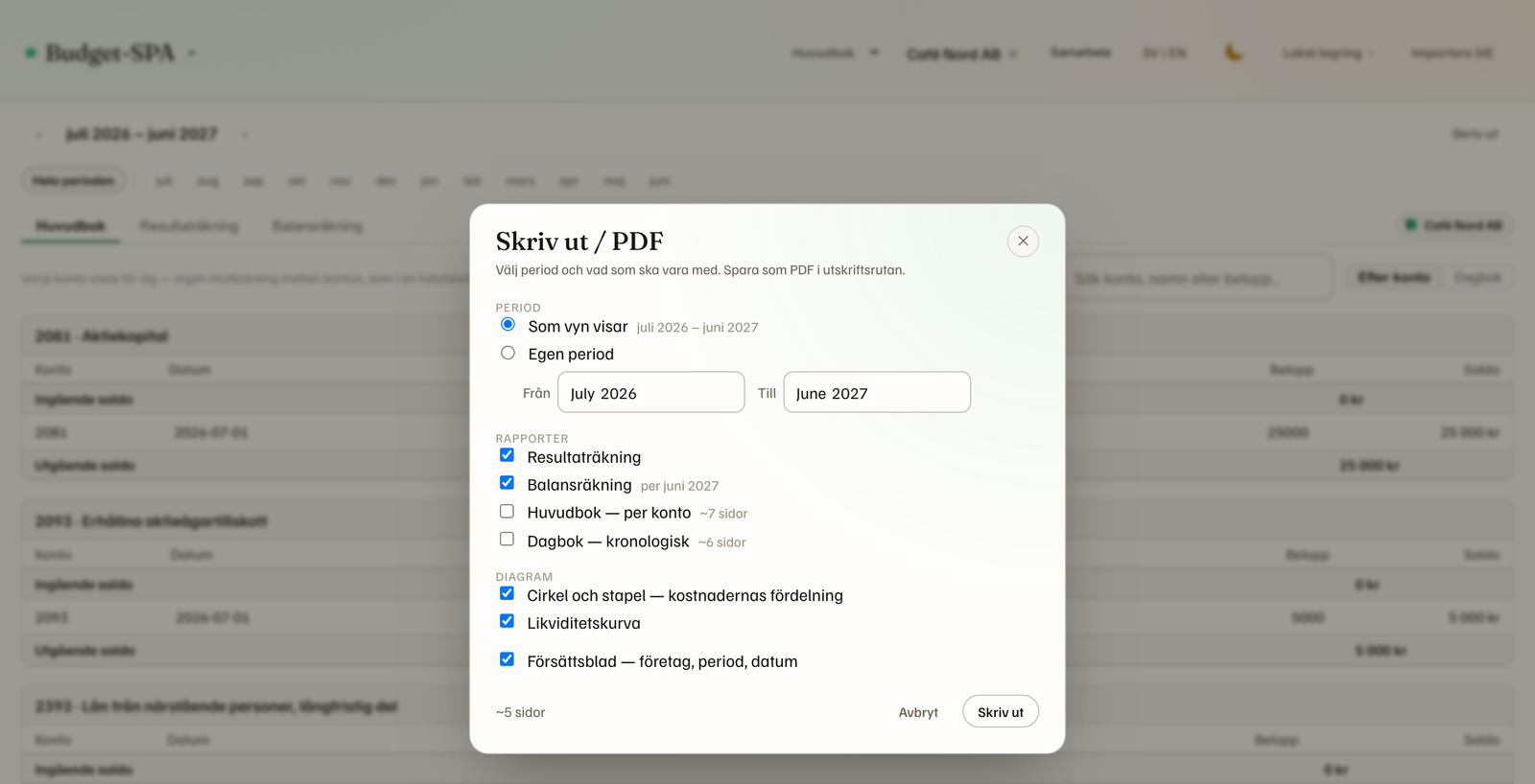 Dialog för utskrift och PDF av resultaträkning, balansräkning och likviditetskurva