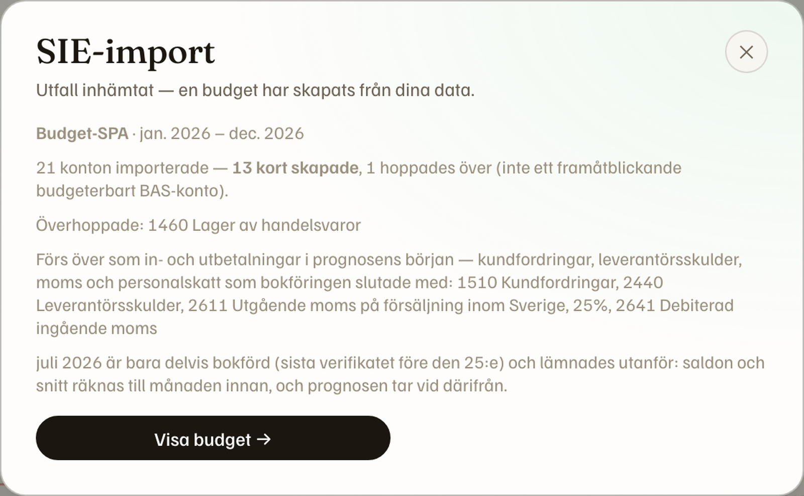 SIE import summary